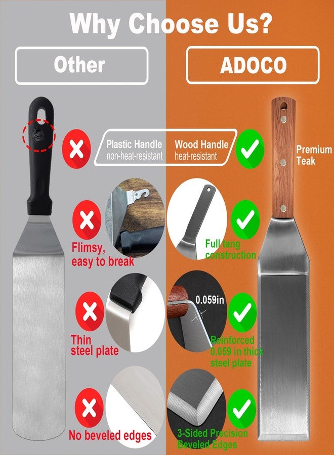 Adoco Extra Long Metal Griddle Spatula Set of 2- Wooden Stainless Steel Grilling Spatula, Grill Accessories for Blackstone, BBQ Grill Tools w/Full Tang Wooden Handle & Beveled Edges for Flat Top Grilling - Image 2