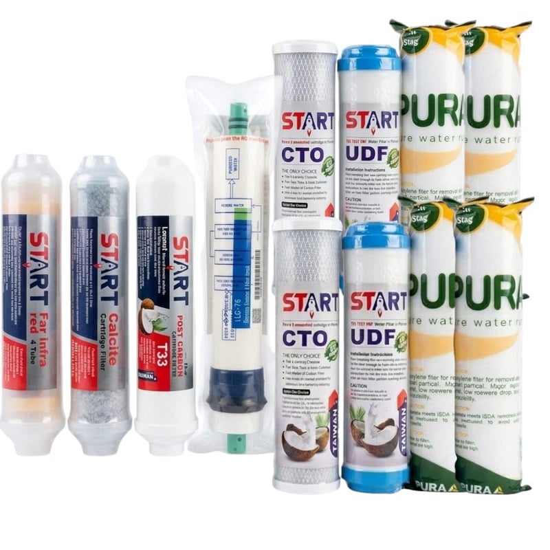 START 7 Stage Water Filter Cartridge Set, PP, UDF, CTO, Membrane, Post Carbon, Calcite, Far Infrared