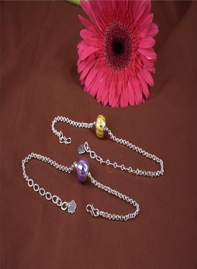 JFL - JewelleryforLess Handmade Combo of 2 Beaded Rakhis Yellow Purple with Silver Chain for Brother Bhaiya with Roli Chawal and Hand Written Greeting Note - Image 2
