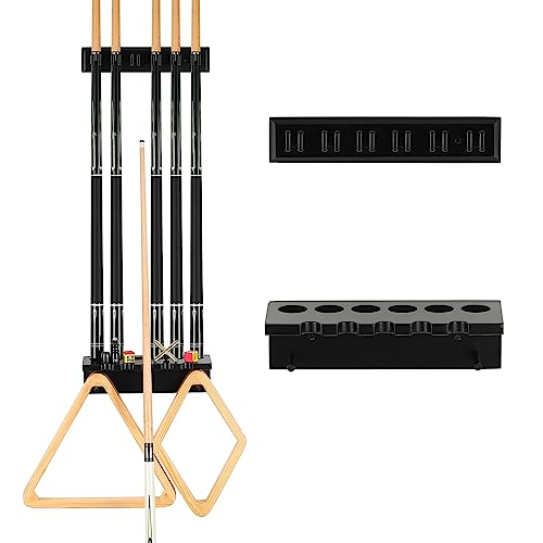 EXTCCT Pool Cue Rack Stick Holder - Wall Mount Billiards Pool Cue Rack Oak Solid Hardwood Pool Cue Set Holder for 6 Cues Sticks Storage Pool Table Accessories Equipment Organizer - Image 1