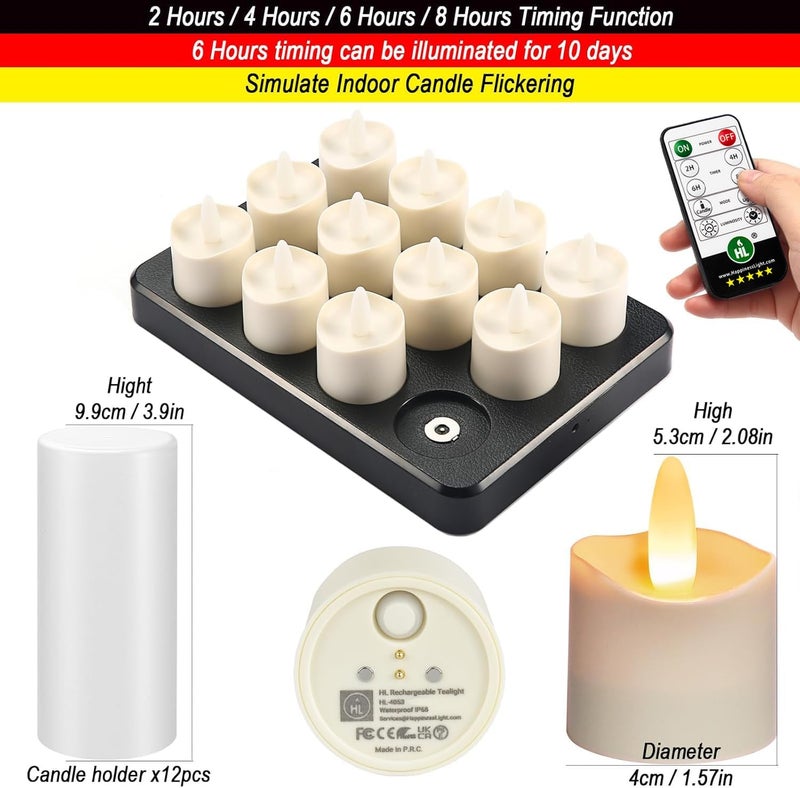 HL Flameless Candles with Remote Timer, 100+Hours Rechargeable Waterproof Outdoor Candles Tea Lights with Charging Base, Warm White LED Votive Floating Tealights for Festival Wedding Party Decor-12pcs - Image 2
