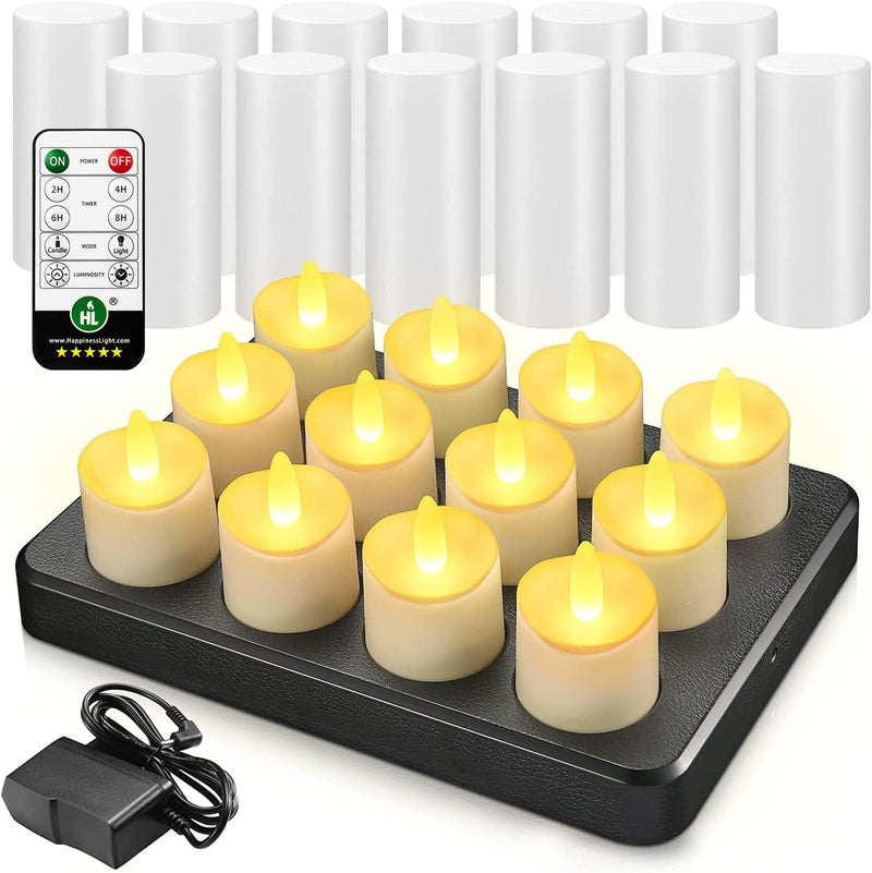 HL Flameless Candles with Remote Timer, 100+Hours Rechargeable Waterproof Outdoor Candles Tea Lights with Charging Base, Warm White LED Votive Floating Tealights for Festival Wedding Party Decor-12pcs - Image 1