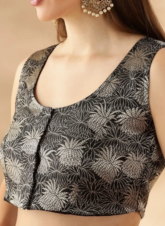 أبهشتي sleeveless deep neck zari banarasi blouse-Black
