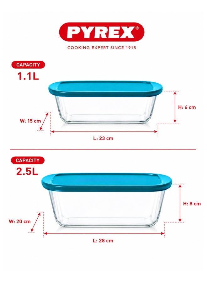 Pyrex Cook&Store Set of 2 Rectangular Glass Roasters with Blue Lids, 1.1L & 2.5L Borosilicate Glass Baking Dishes, Oven Safe, Freezer Safe Food Storage Containers - Image 2