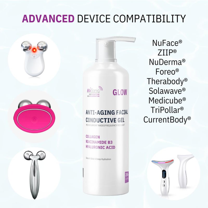 Absonic Glow Microcurrent Conductive Gel - Anti-Aging Serum Enriched with Hyaluronic Acid, Collagen, Niacinamide B3 for Facial, LED, RF & Nuface Devices - 8.5oz Bottle - Made in USA - Image 5