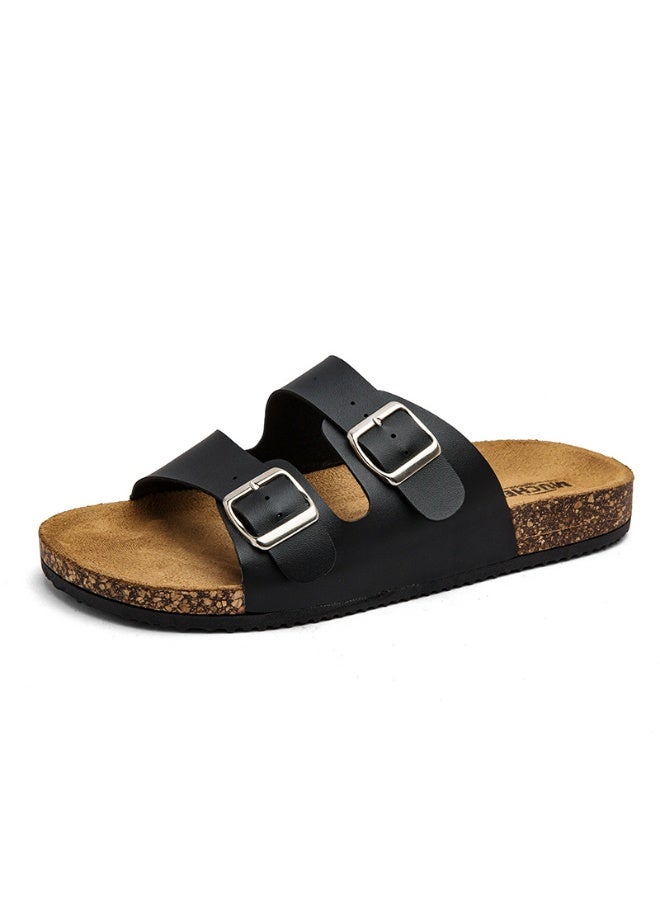NIBEMINENT Slippers Unisex Men Women Cork Slippers Leather Mule Clogs Slippers High Quality Soft Cork Two Buckle Slides Footwear  - Image 1