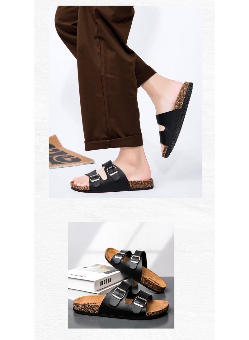 NIBEMINENT Slippers Unisex Men Women Cork Slippers Leather Mule Clogs Slippers High Quality Soft Cork Two Buckle Slides Footwear  - Image 2