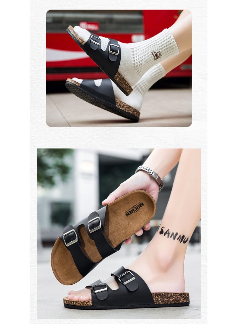 NIBEMINENT Slippers Unisex Men Women Cork Slippers Leather Mule Clogs Slippers High Quality Soft Cork Two Buckle Slides Footwear  - Image 3