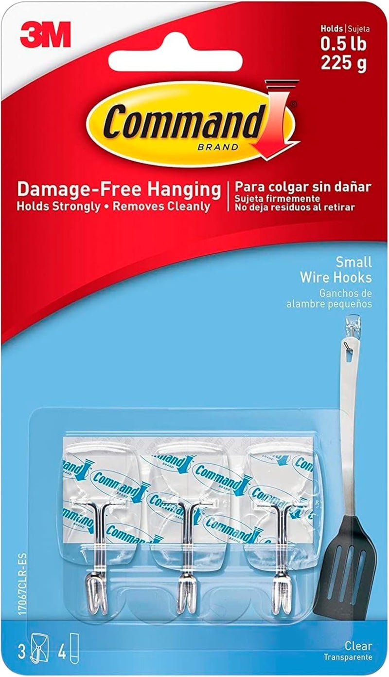 Command Wire Small Hooks | Holds 225 gr. each hook| Clear color | Organize | Decoration | No Tools | Holds Strongly | Damage-Free Hanging | 3 hooks + 4 strips/pack