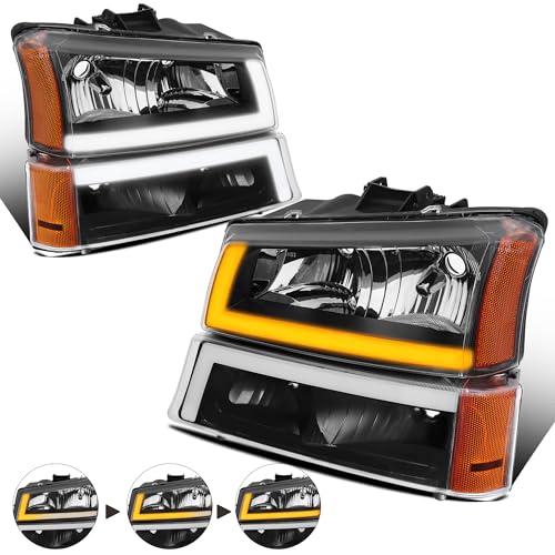KUIPERAUTO Headlight Assembly Compatible for 2003-2006 Chevy Avalanche Compatible for 03-2007 Silverado 1500 2500 3500 Led DRL Front Lamp w/Sequential Turn light Black Housing/Clear Lens/Amber Cornor - Image 1