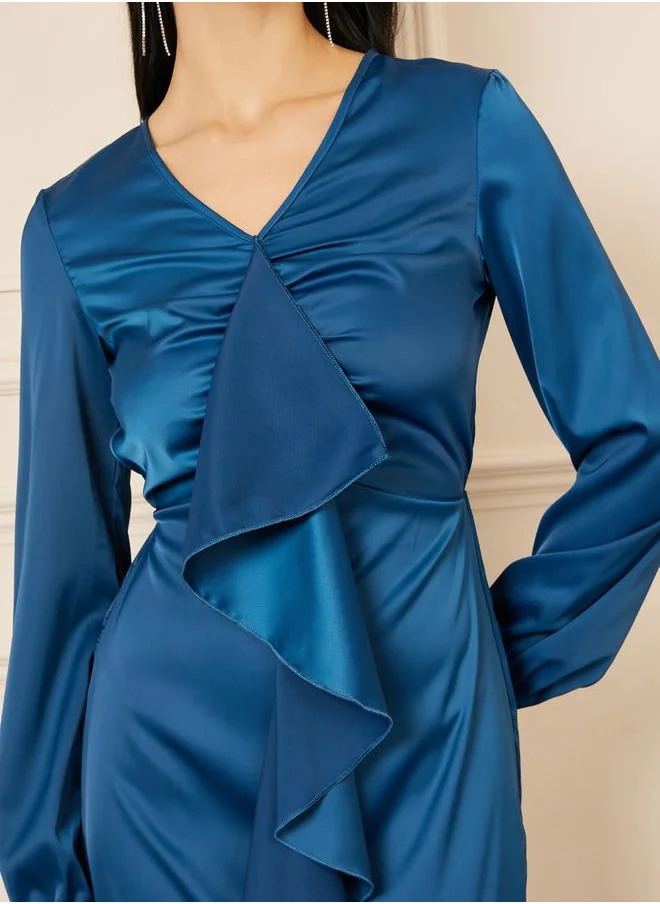 Styli Satin Ruffle Detail Bodycon Maxi Dress