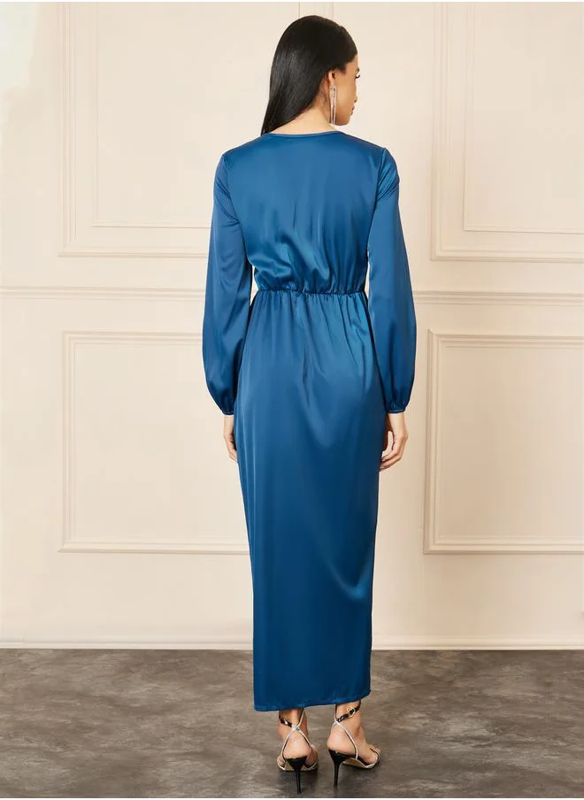 Styli Satin Ruffle Detail Bodycon Maxi Dress