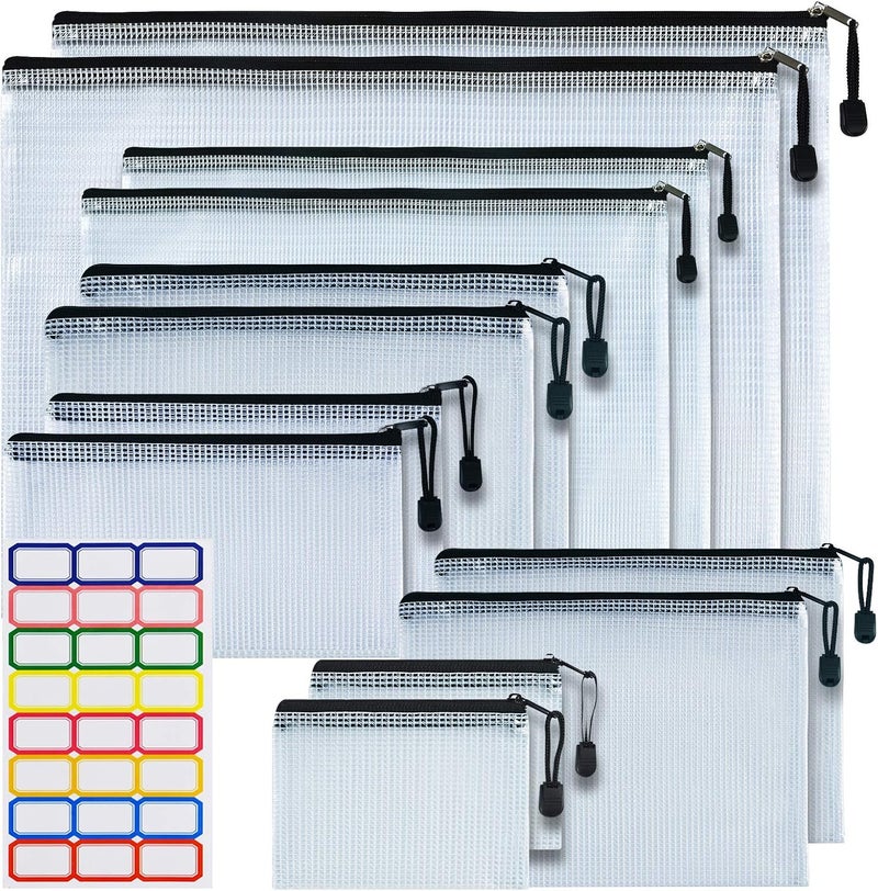 ASTEN 12 Pcs Plastic Mesh Zip File Bags, Waterproof Tear-Resistant Document File Folders, MultiSize Zipper Documents Pouch Organizer Bags for School Office Home Travel Storage(6 Sizes) - Image 1