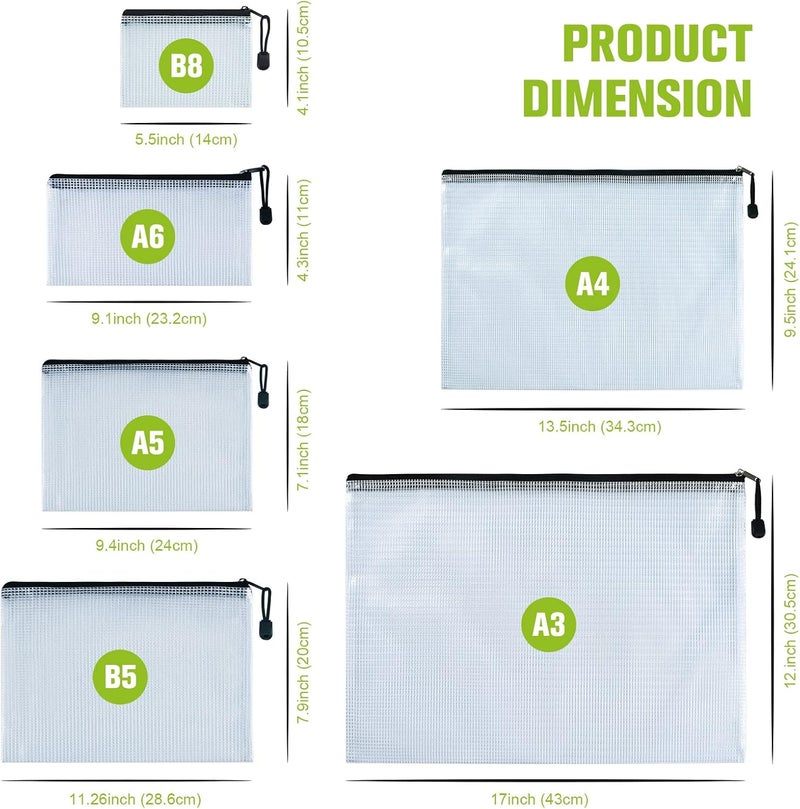 ASTEN 12 Pcs Plastic Mesh Zip File Bags, Waterproof Tear-Resistant Document File Folders, MultiSize Zipper Documents Pouch Organizer Bags for School Office Home Travel Storage(6 Sizes) - Image 3