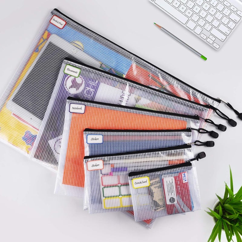 ASTEN 12 Pcs Plastic Mesh Zip File Bags, Waterproof Tear-Resistant Document File Folders, MultiSize Zipper Documents Pouch Organizer Bags for School Office Home Travel Storage(6 Sizes) - Image 2