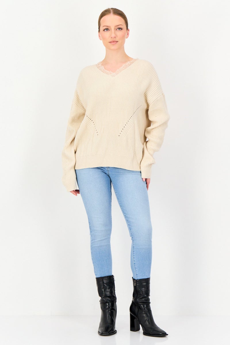 SELECTED Women V Neck Ribbed Long Sleeve Sweater, Cream - Image 4