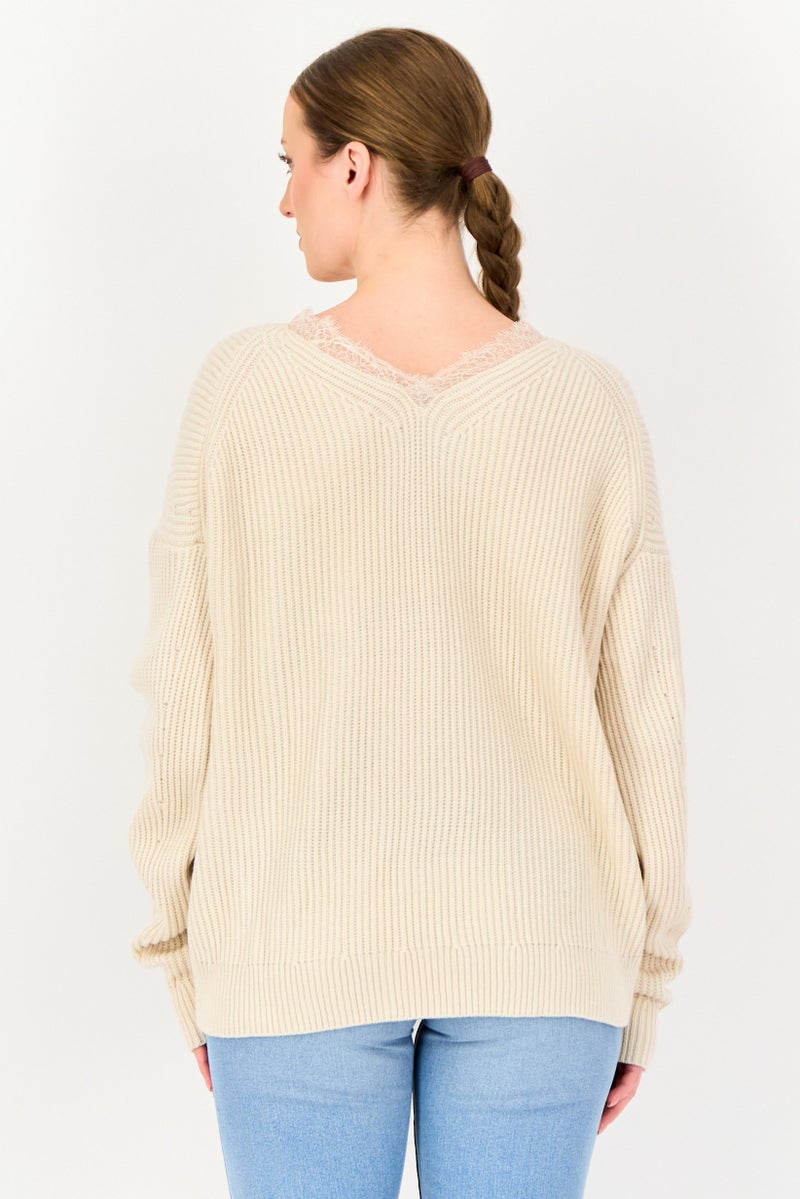 SELECTED Women V Neck Ribbed Long Sleeve Sweater, Cream - Image 2