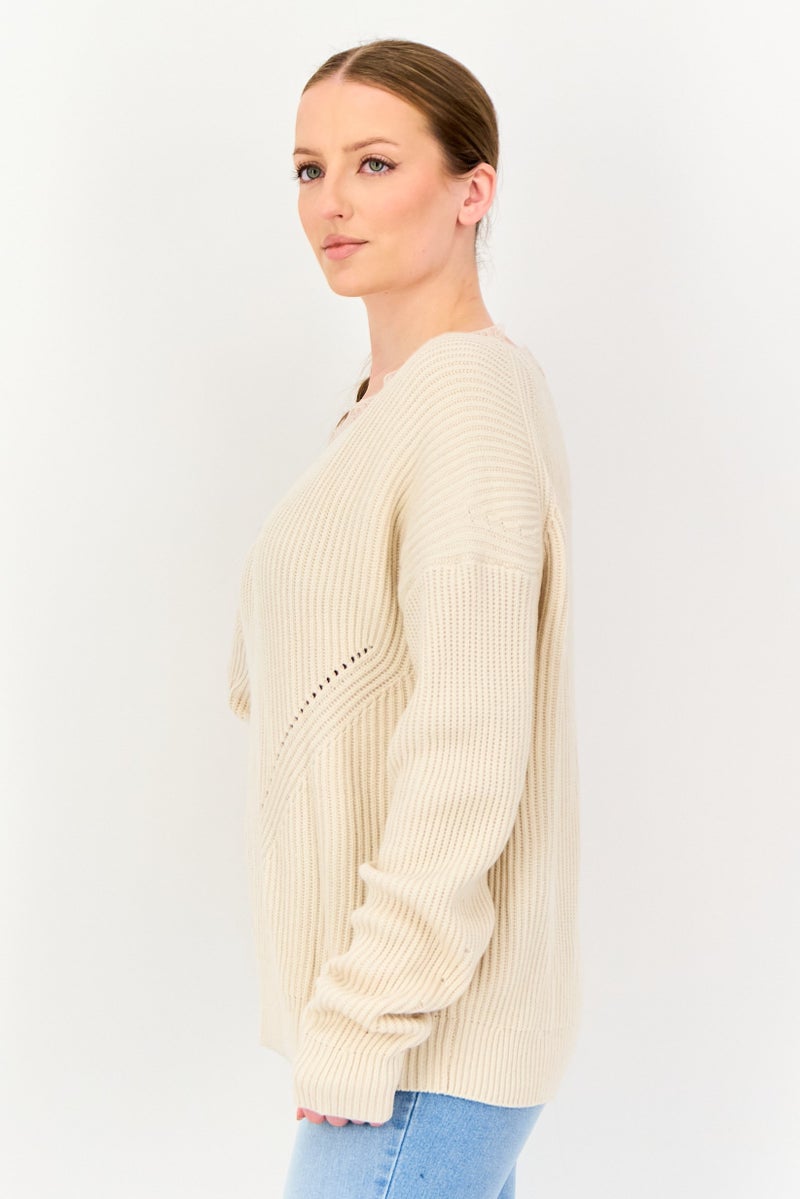 SELECTED Women V Neck Ribbed Long Sleeve Sweater, Cream - Image 3