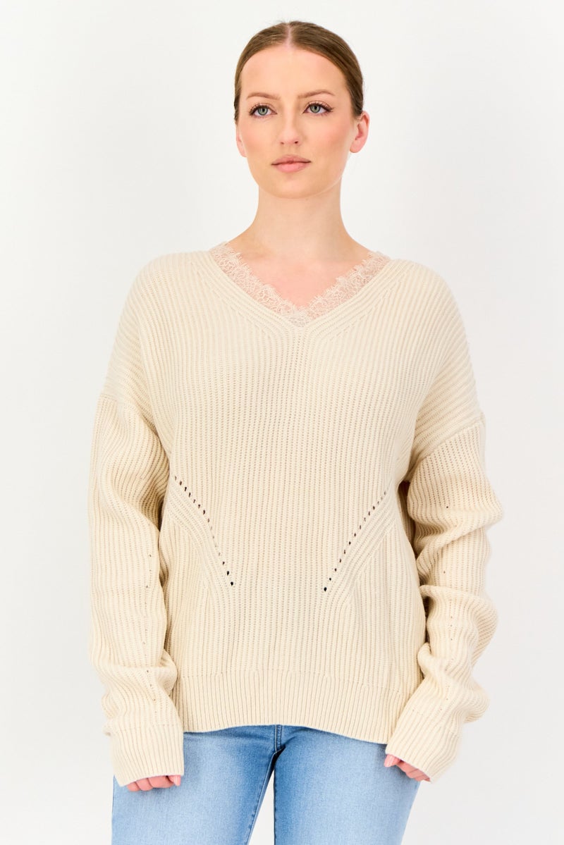 SELECTED Women V Neck Ribbed Long Sleeve Sweater, Cream - Image 1