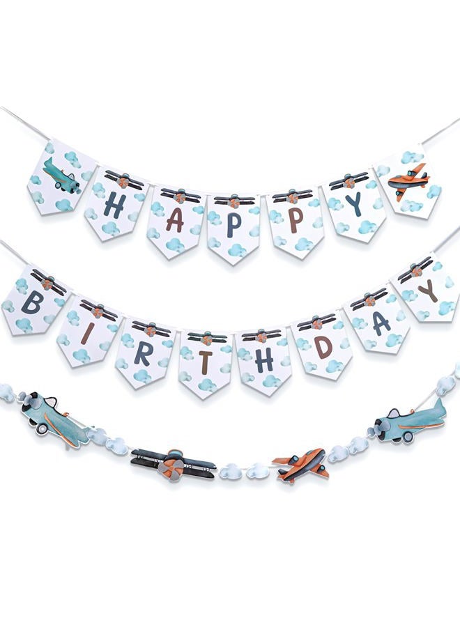 Oudain 3 Pcs Airplane Birthday Party Decoration Include 1 Airplane Clouds Garland and 1 Birthday Garland, 1 Happy Garland for Themed Birthday Party Backdrop Decor Supplies - Image 1