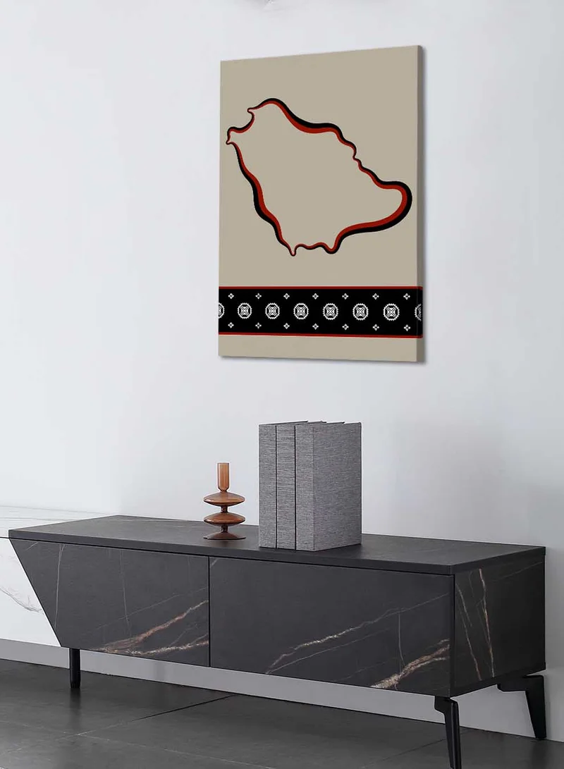 لوحة لوحة كانفاس على إطار خشبي تجسّد خريطة المملكة بتصميم مستوحى من الطابع السعودي