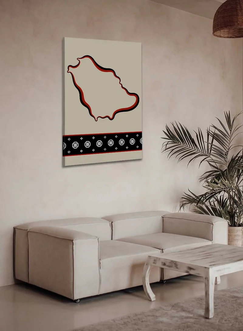 لوحة لوحة كانفاس على إطار خشبي تجسّد خريطة المملكة بتصميم مستوحى من الطابع السعودي