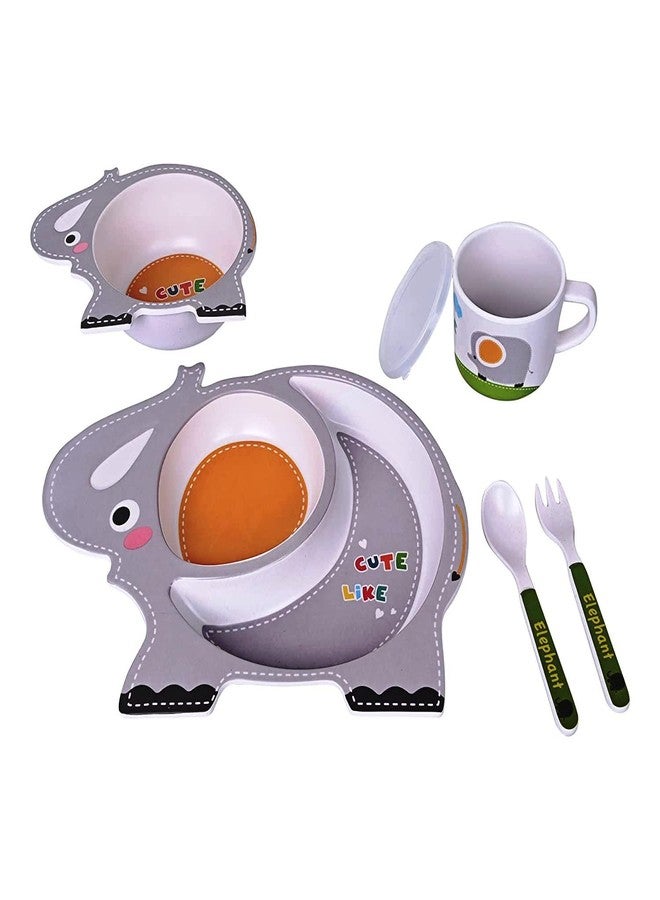 PANSHUB Elephant Bamboo Dish Set Eco Friendly Bamboo Fiber Dinner Set, 5 Pcs Tableware Crockery Set for Weaning Toddler & Self Feeding Baby Utensil Set for Baby Kids (Elephant Bamboo Fiber Dinner Set) - Image 2