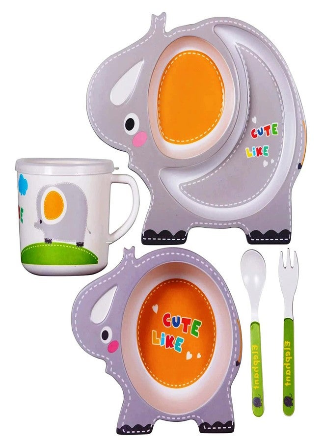 PANSHUB Elephant Bamboo Dish Set Eco Friendly Bamboo Fiber Dinner Set, 5 Pcs Tableware Crockery Set for Weaning Toddler & Self Feeding Baby Utensil Set for Baby Kids (Elephant Bamboo Fiber Dinner Set) - Image 1