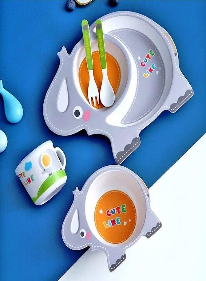 PANSHUB Elephant Bamboo Dish Set Eco Friendly Bamboo Fiber Dinner Set, 5 Pcs Tableware Crockery Set for Weaning Toddler & Self Feeding Baby Utensil Set for Baby Kids (Elephant Bamboo Fiber Dinner Set) - Image 4