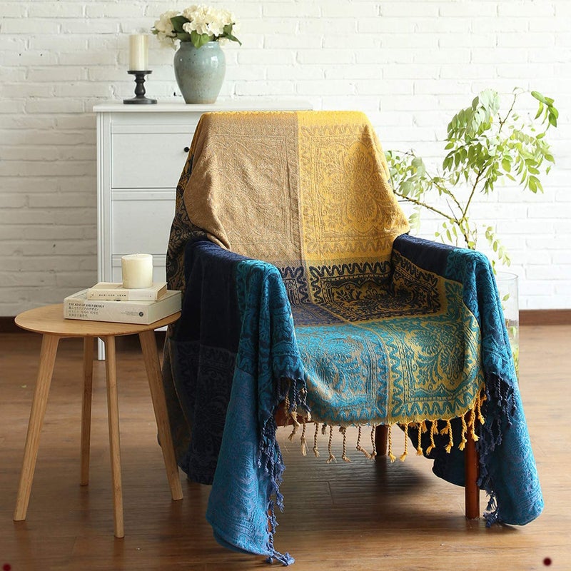FinalNest FN Bohemian Tribal Throws Blankets Reversible Colorful Red Blue Boho Hippie Chenille Jacquard Fabric Throw Covers Large Couch Furniture Sofa Chair Loveseat Recliner Oversized Blue S75x60 