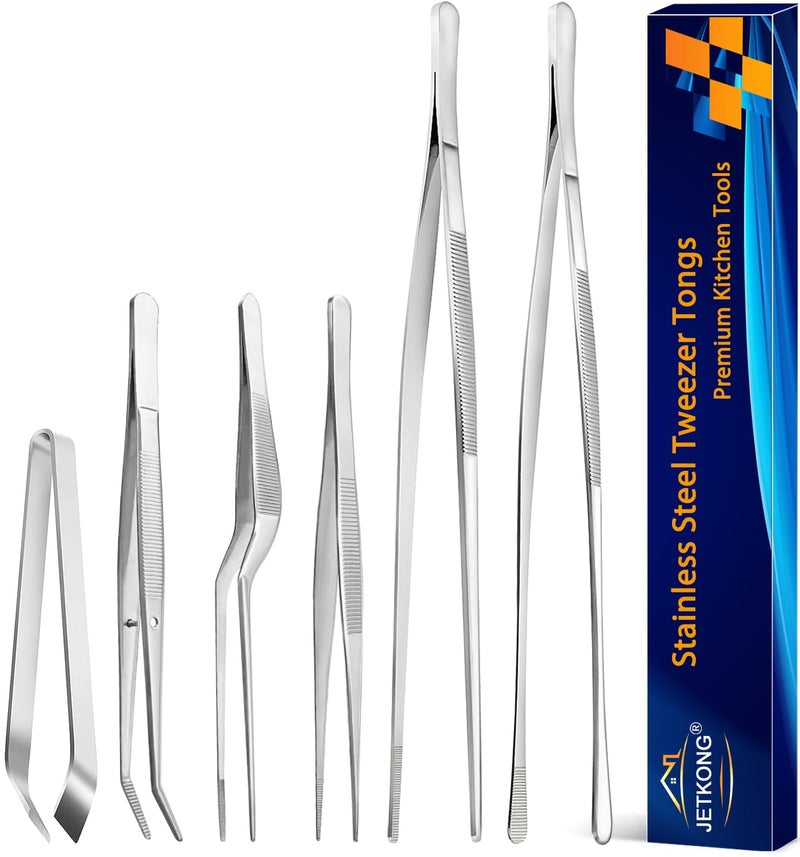 JETKONG 6 Pcs Cooking Tweezer Tongs, 12'' and 6.3" Stainless Steel Kitchen Tweezer Set, Professional Chef Tweezers for Cooking, Repairing, Sea Food, BBQ, Multi-use - Image 1