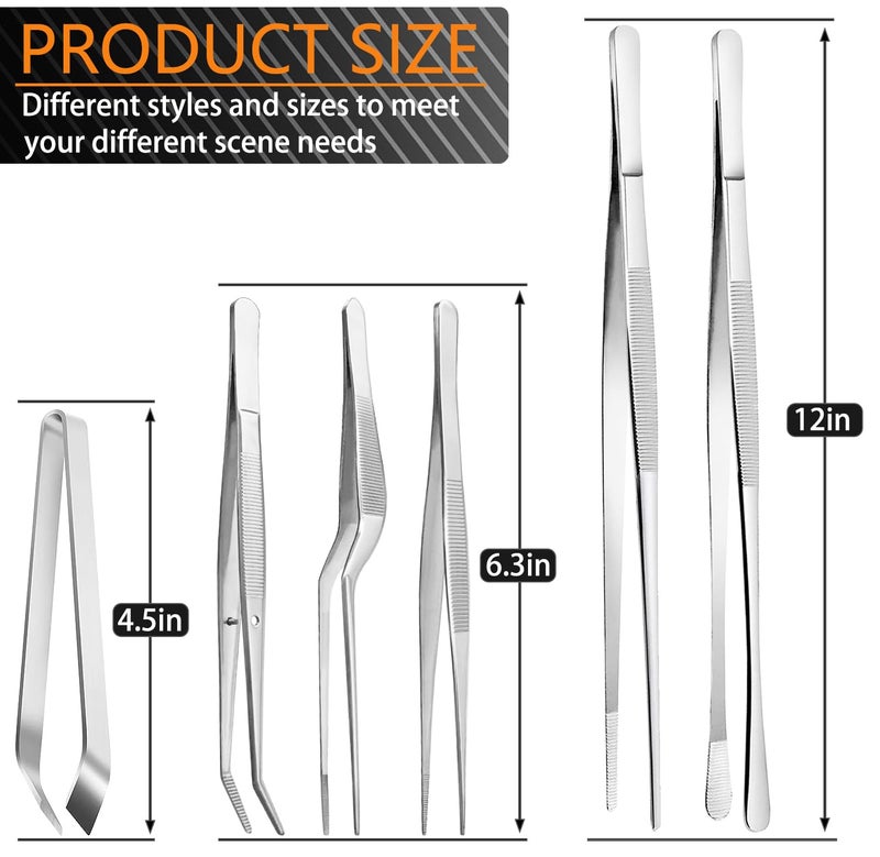 JETKONG 6 Pcs Cooking Tweezer Tongs, 12'' and 6.3" Stainless Steel Kitchen Tweezer Set, Professional Chef Tweezers for Cooking, Repairing, Sea Food, BBQ, Multi-use - Image 3