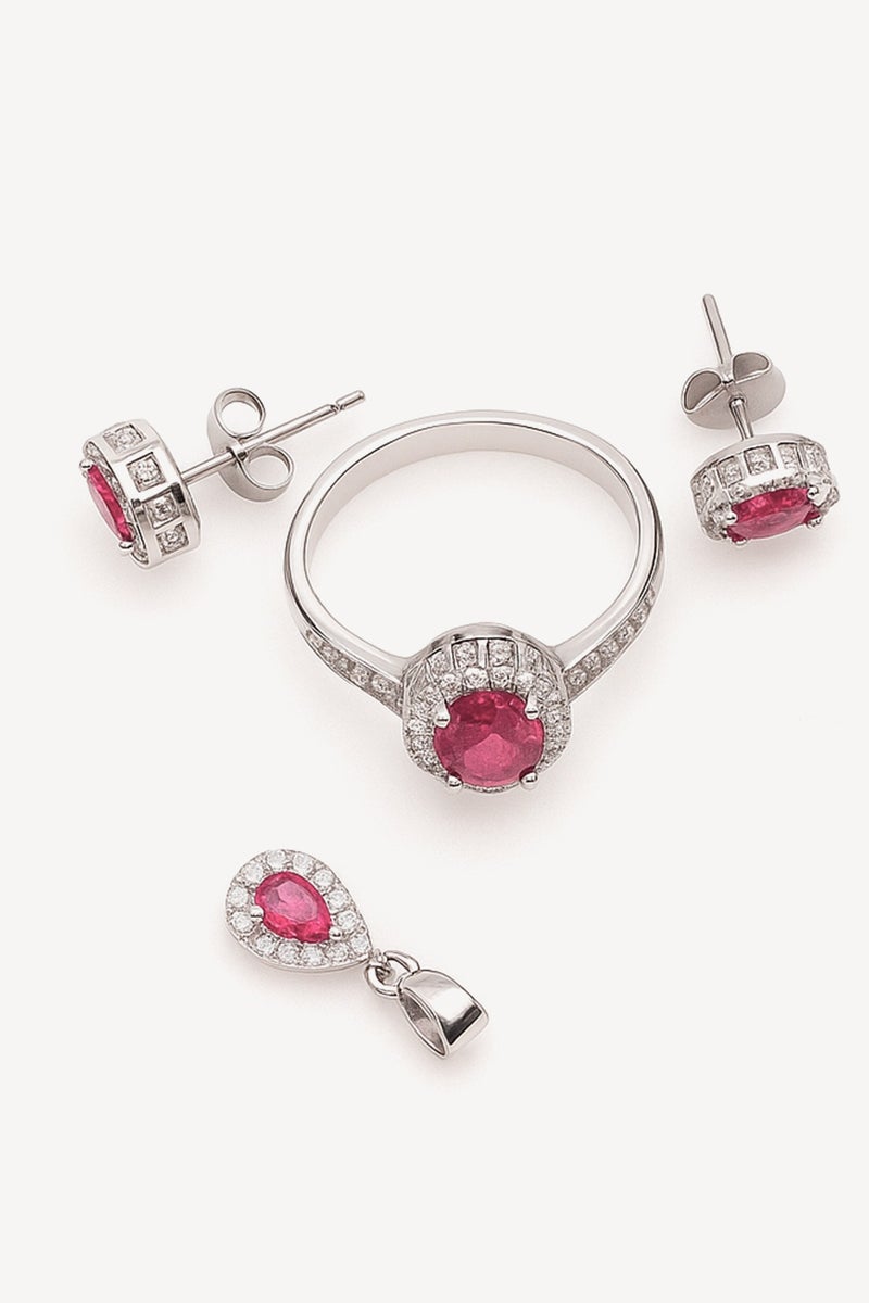 Ready For Chai 925 Sterling Silver Pear Ruby CZ Halo Jewelry Set | Pendant, Earrings & Ring | Anti-Tarnish and Hypoallergenic - Image 3