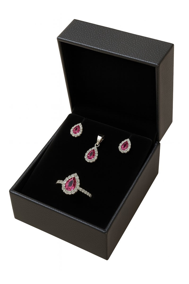 Ready For Chai 925 Sterling Silver Pear Ruby CZ Halo Jewelry Set | Pendant, Earrings & Ring | Anti-Tarnish and Hypoallergenic - Image 2