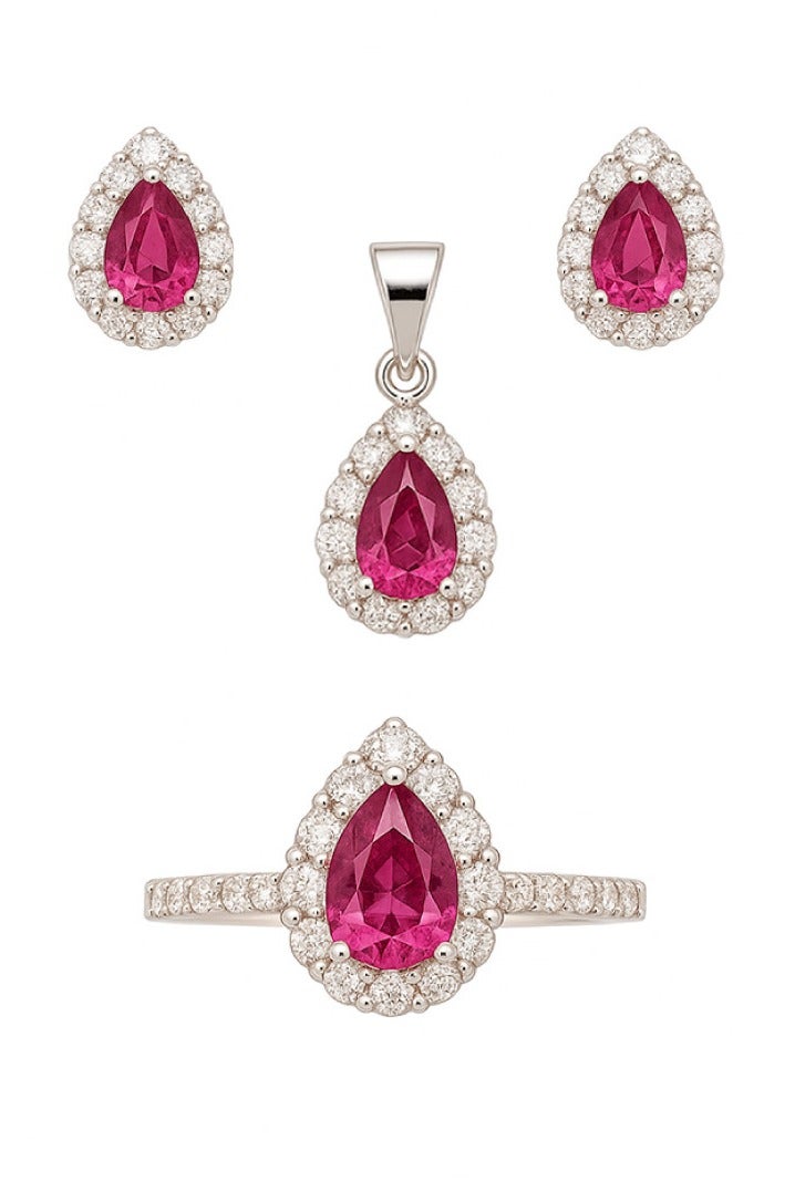 Ready For Chai 925 Sterling Silver Pear Ruby CZ Halo Jewelry Set | Pendant, Earrings & Ring | Anti-Tarnish and Hypoallergenic - Image 1