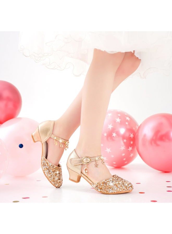 Furdeour Girls Sandals Heels Flower Wedding Party Little Kid Princess for Toddler High Heel Size 12(2902Cham 12) - Image 2