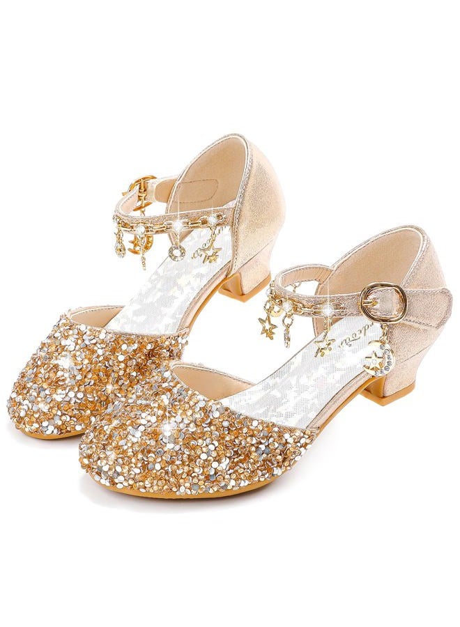 Furdeour Girls Sandals Heels Flower Wedding Party Little Kid Princess for Toddler High Heel Size 12(2902Cham 12) - Image 1