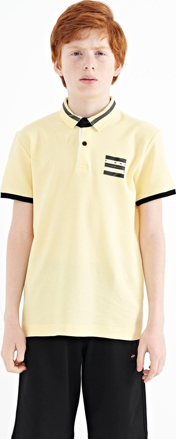 Tommy Life Yellow Collar Color Block Print Detailed Standard Size Boy T-Shirt - 11111 - Image 1