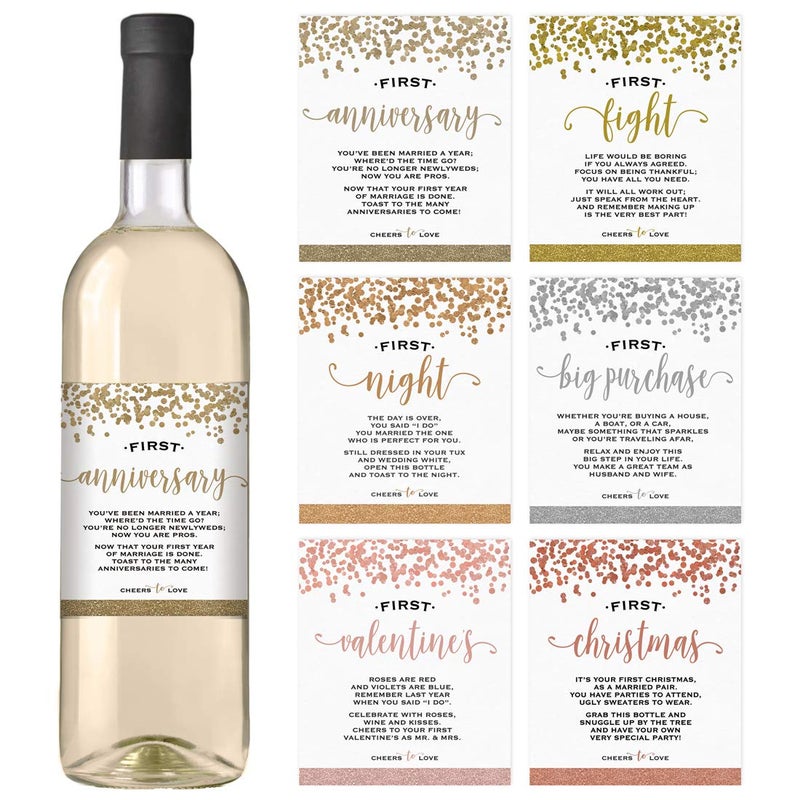 Printed Party Marriage Milestones Greenery Wedding Firsts 6 Wine Bottle Labels