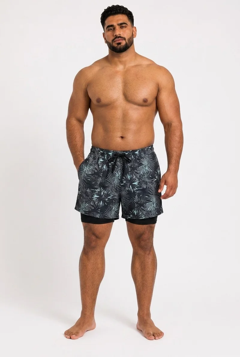 Moveletix multicolour Plus Size 2-in-1 Swim Shorts Black Grey Blue Pattern for Men | Best Price UAE