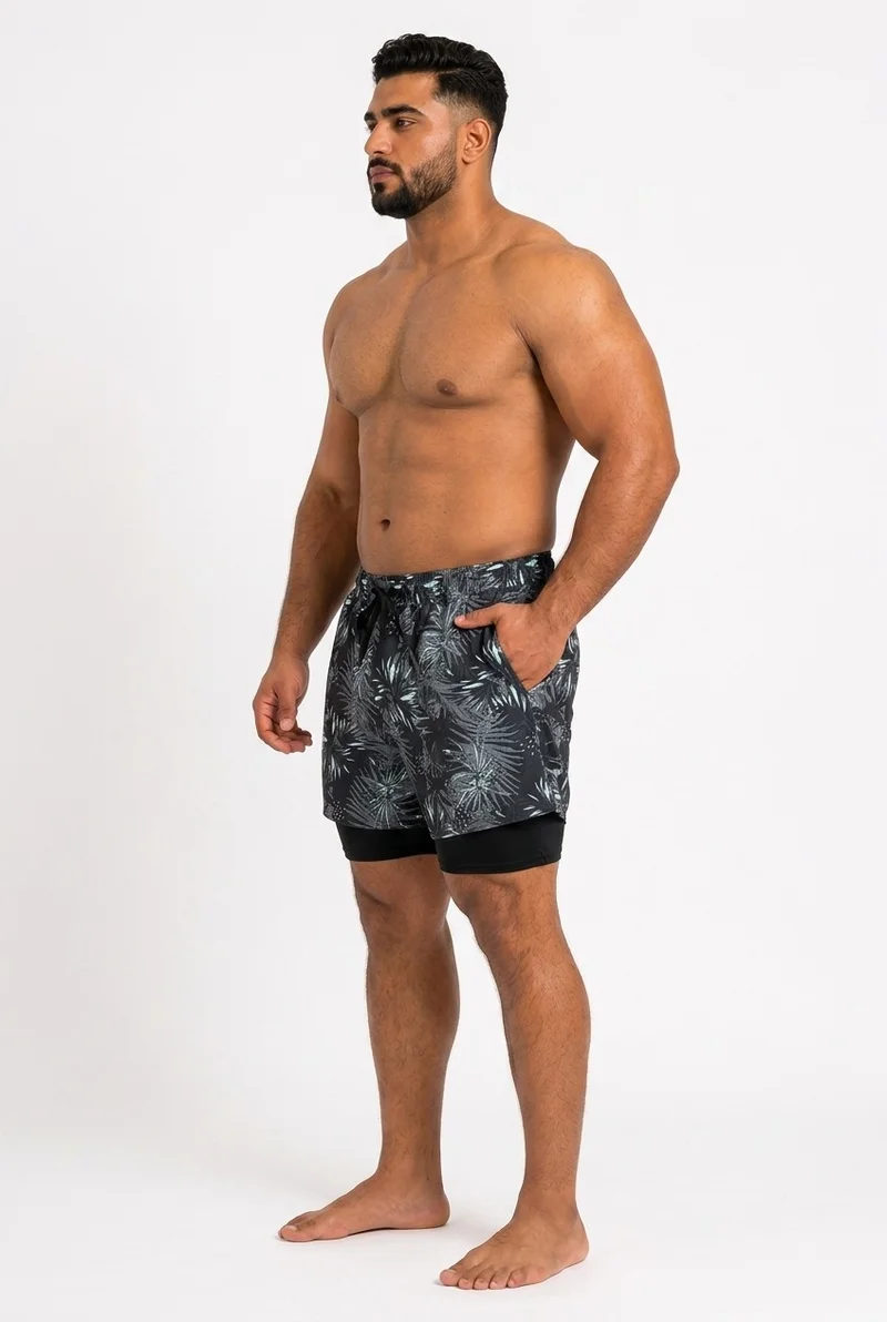 Moveletix multicolour Plus Size 2-in-1 Swim Shorts Black Grey Blue Pattern for Men | Best Price UAE