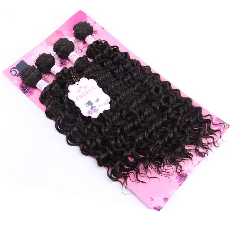 FRELYN Deep Wave Curly Synthetic Hair Weave 4 Bundles Color 2# (16 18 18 20 Inch Mixed), Soft Heat Resistat synthetc Hair Looks Natural - Image 1