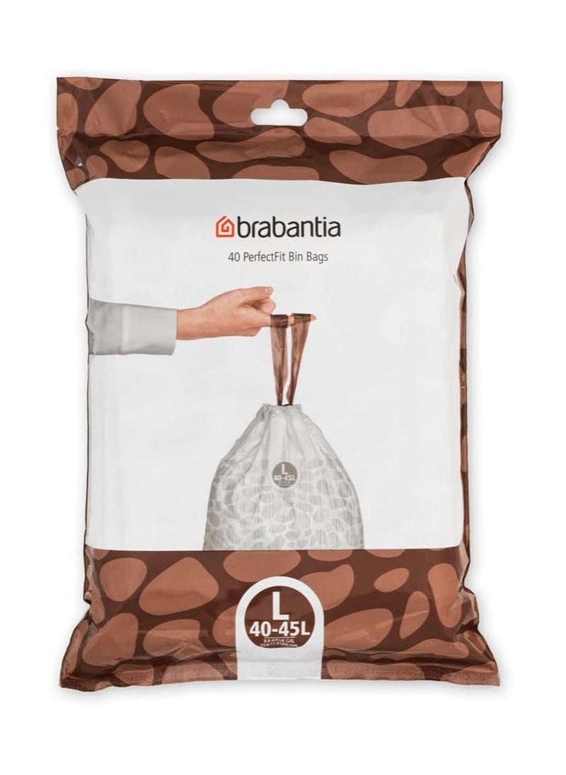 brabantia Brabantia PerfectFit Bin Liners (Size L/40-45 Litre) Thick Plastic Trash Bags with Tie Tape Drawstring Handles (40 Bags), White  - Image 1