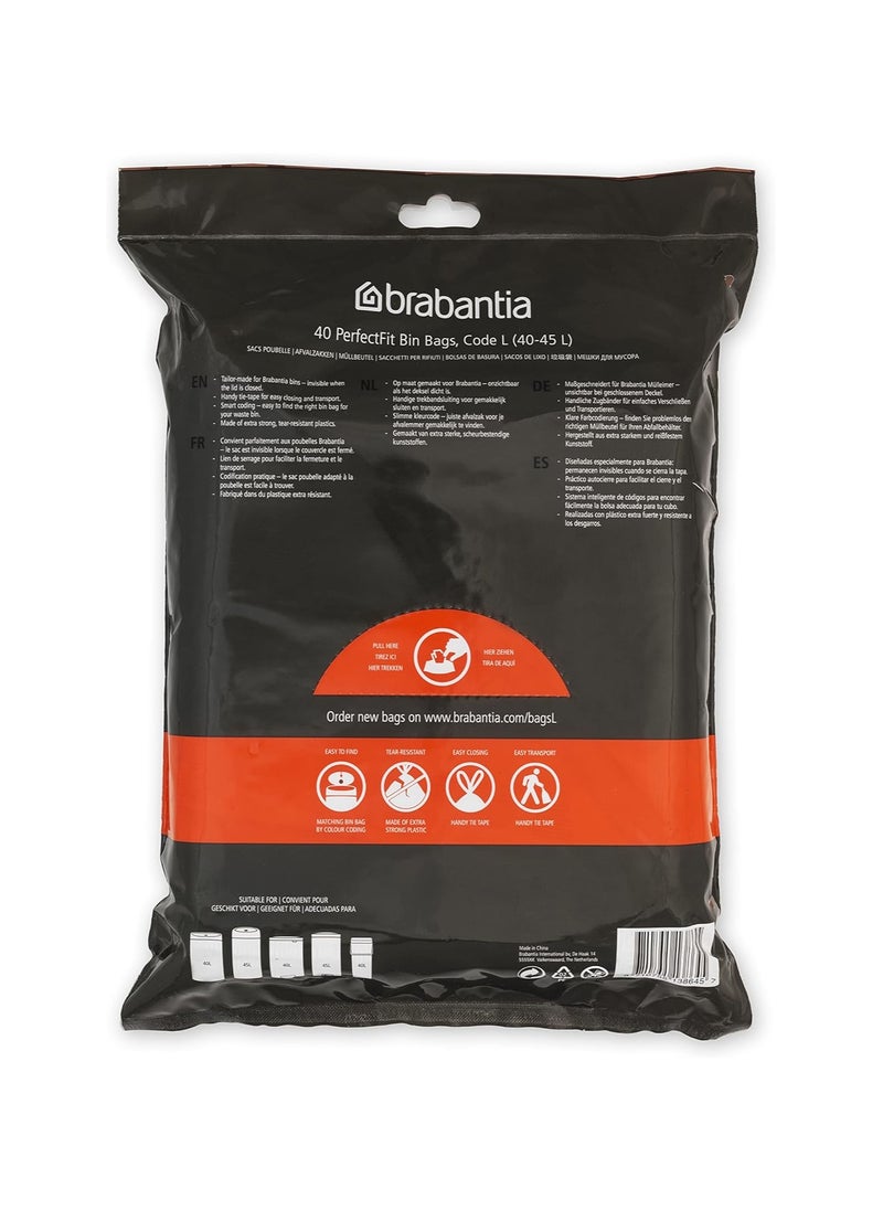 brabantia Brabantia PerfectFit Bin Liners (Size L/40-45 Litre) Thick Plastic Trash Bags with Tie Tape Drawstring Handles (40 Bags), White  - Image 2