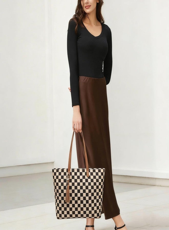 Beatfull Checkered Tote Bag for Women Large Tote Purse with Wallet Shoulder Work School Tote Handbag Canvas Brown - Image 3