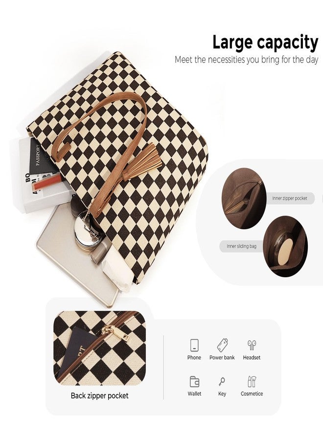 Beatfull Checkered Tote Bag for Women Large Tote Purse with Wallet Shoulder Work School Tote Handbag Canvas Brown - Image 4