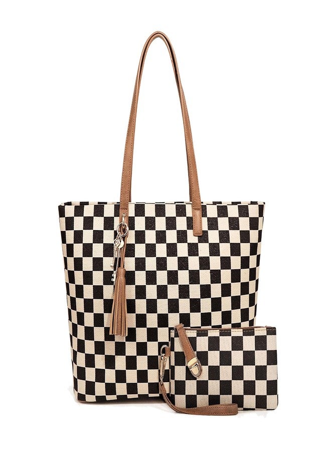Beatfull Checkered Tote Bag for Women Large Tote Purse with Wallet Shoulder Work School Tote Handbag Canvas Brown - Image 1