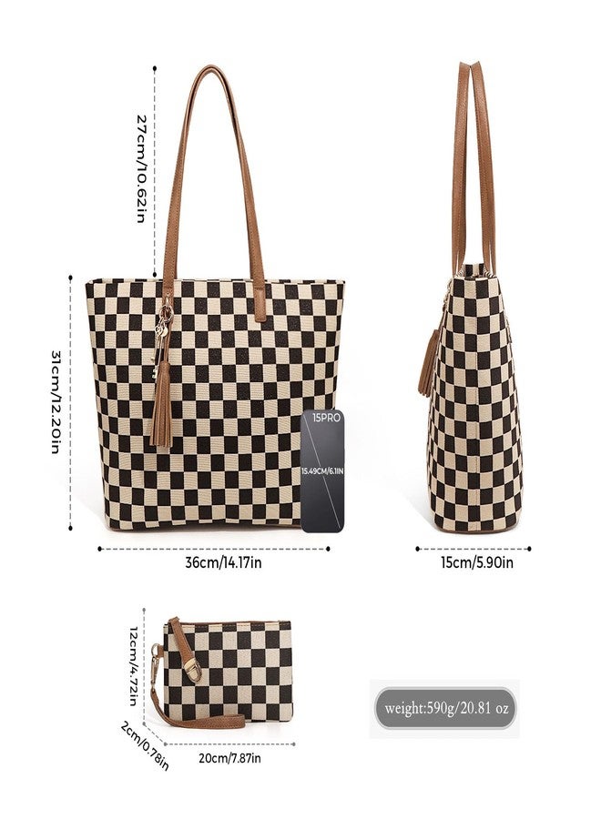 Beatfull Checkered Tote Bag for Women Large Tote Purse with Wallet Shoulder Work School Tote Handbag Canvas Brown - Image 5