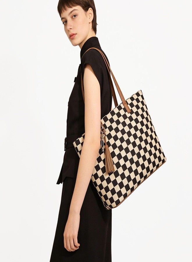 Beatfull Checkered Tote Bag for Women Large Tote Purse with Wallet Shoulder Work School Tote Handbag Canvas Brown - Image 2
