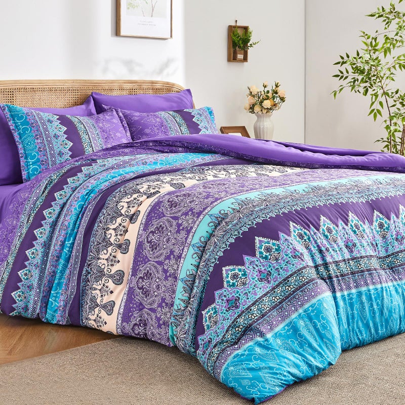 LXWORX Boho Comforter Set King Size Purple - 7 Pieces Bohemian Floral Striped Comforter and Sheet Set, Lightweight Bed in a Bag Complete Bedding Sets King Size for All Season (Purple,King) - Image 1